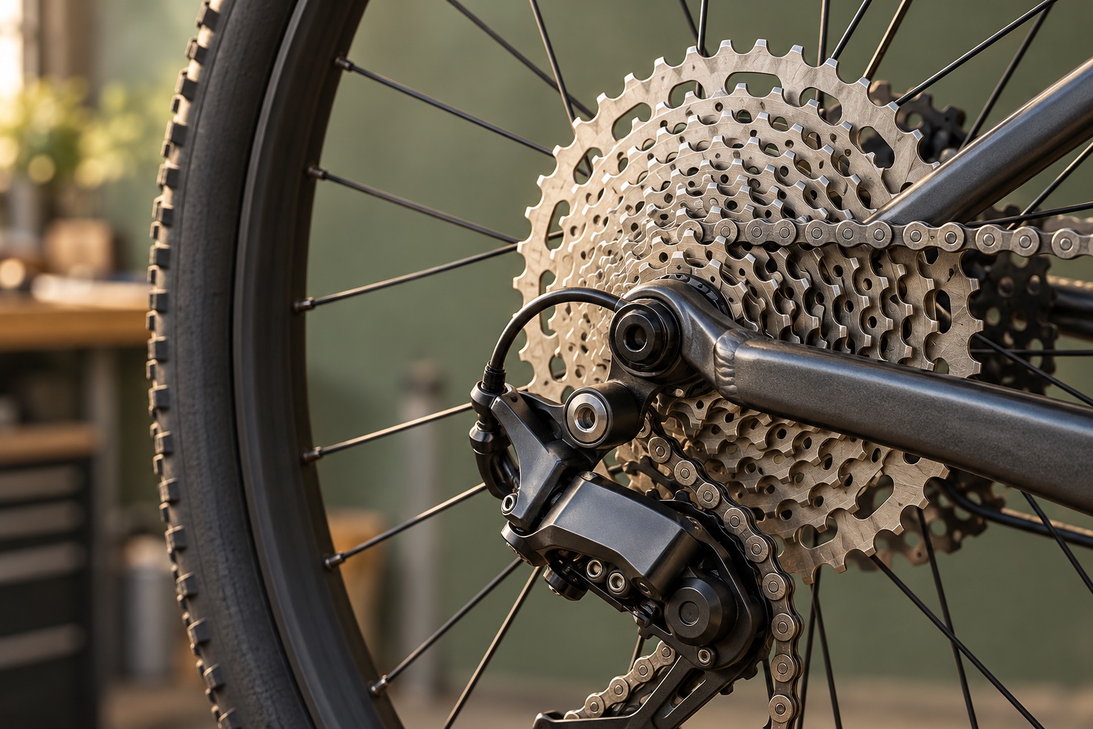 Illustrative close-up of a bicycle cassette and chain